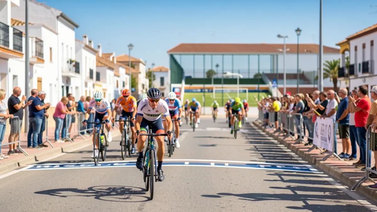 Cycling circuit in La Línea with spectators and Andalusian buildings.
