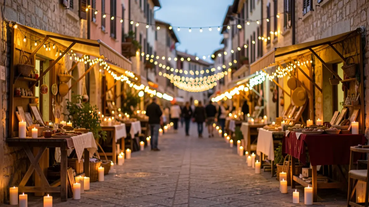 Imagen genérica de una calle iluminada con velas y decoraciones de luz.