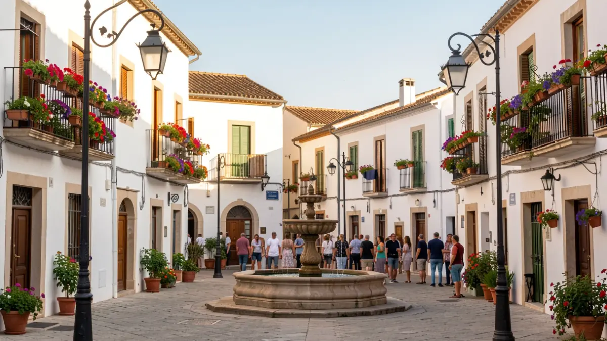 Plaza pública rehabilitada en un pueblo mediterráneo con edificios blancos y macetas coloridas.