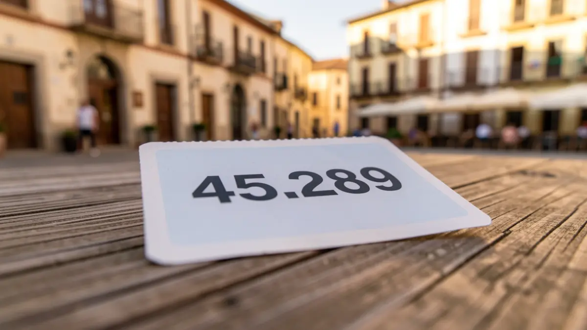 Close-up of a lottery ticket with the number 45.289 visible, on a table in a Spanish town square.