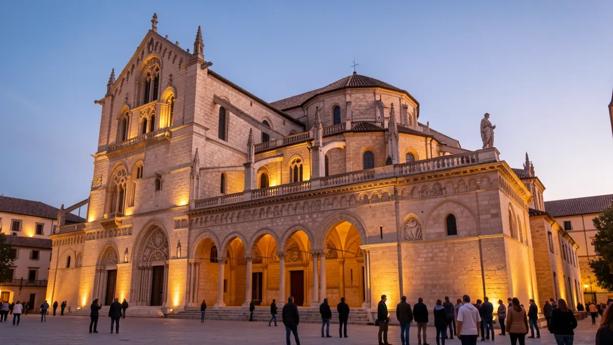 Facade of the Mezquita-Catedral of Córdoba illuminated at dusk.