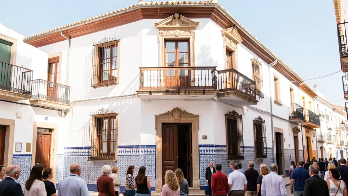 Fachada de un ayuntamiento andaluz con azulejos y balcón bajo el sol.