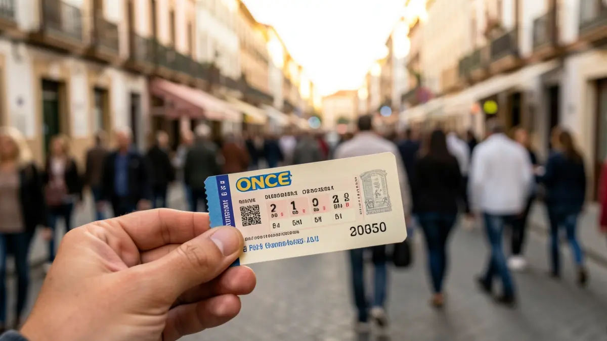 Primer plano de un cupón de la ONCE en mano, con fondo de calle andaluza.