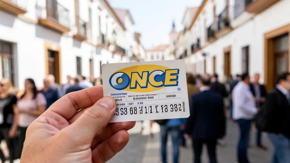Primer plano de una mano sosteniendo un boleto de lotería de la ONCE con el logo visible, con un fondo borroso de una calle andaluza soleada.