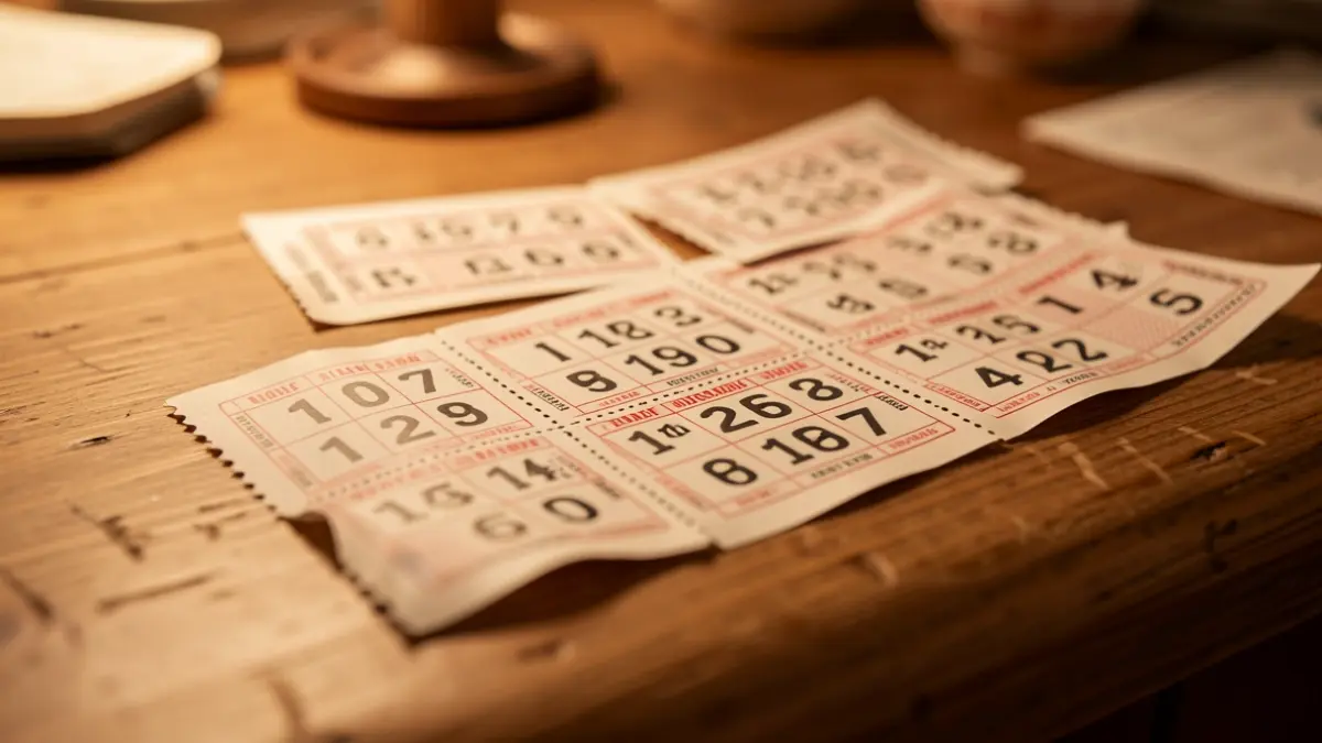 Close-up of winning lottery tickets on a wooden counter.