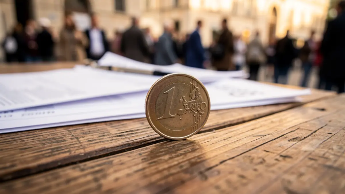 Generic image of a euro coin on a wooden table with blurred financial documents.