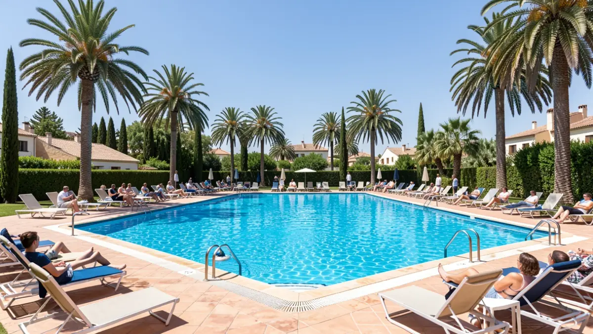 Imagen genérica de una piscina municipal andaluza con agua azul y tumbonas.