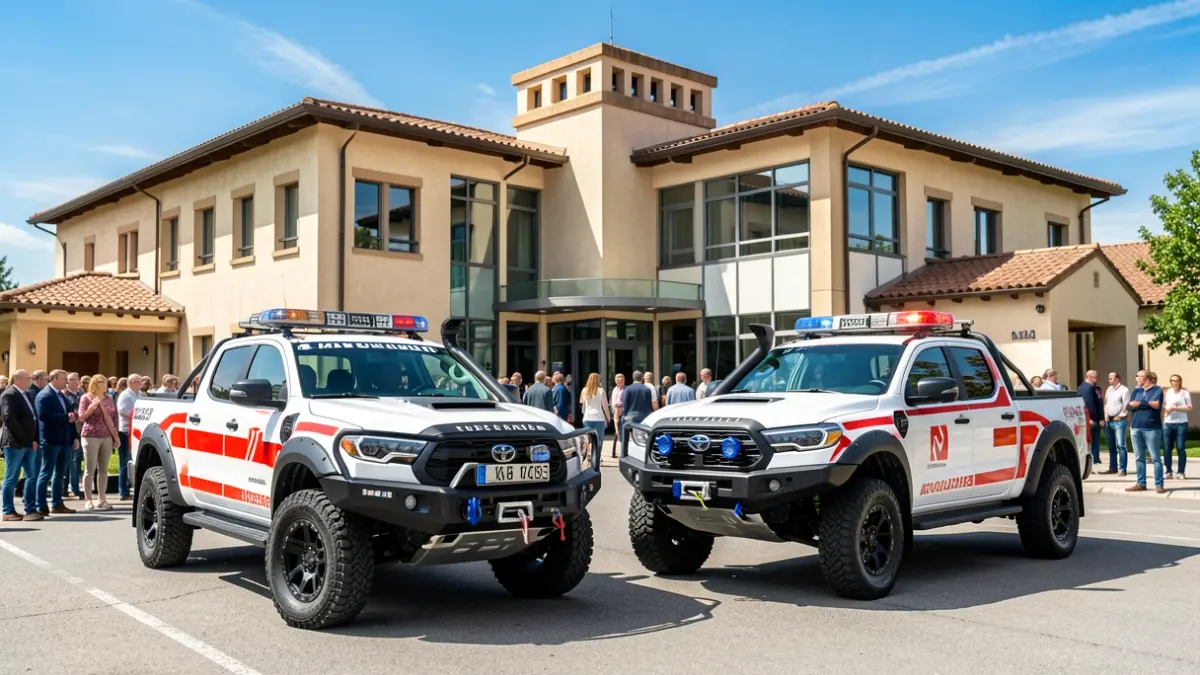 Dos nuevos vehículos todoterreno tipo pick-up de la Policía Local de El Ejido, equipados para emergencias, aparcados frente a un edificio municipal.