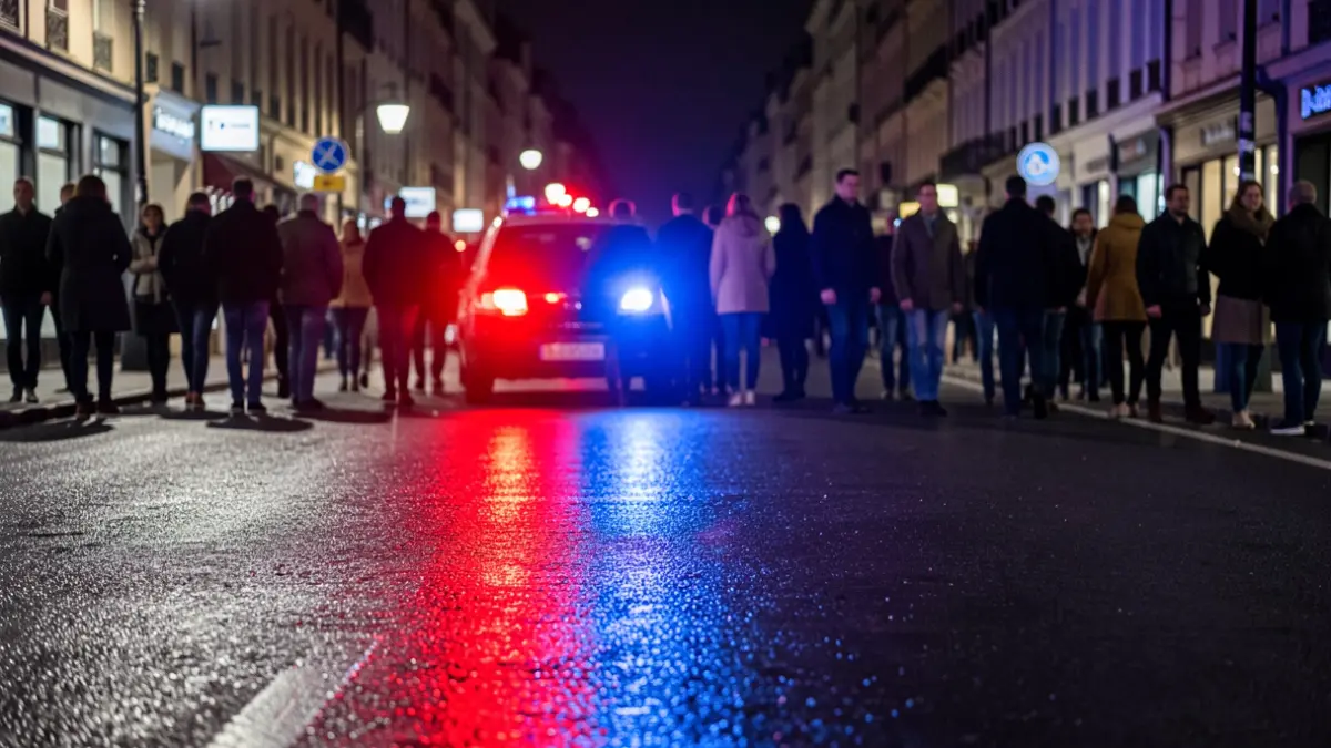 Imagen genérica de luces de emergencia policiales reflejándose en asfalto mojado por la noche.