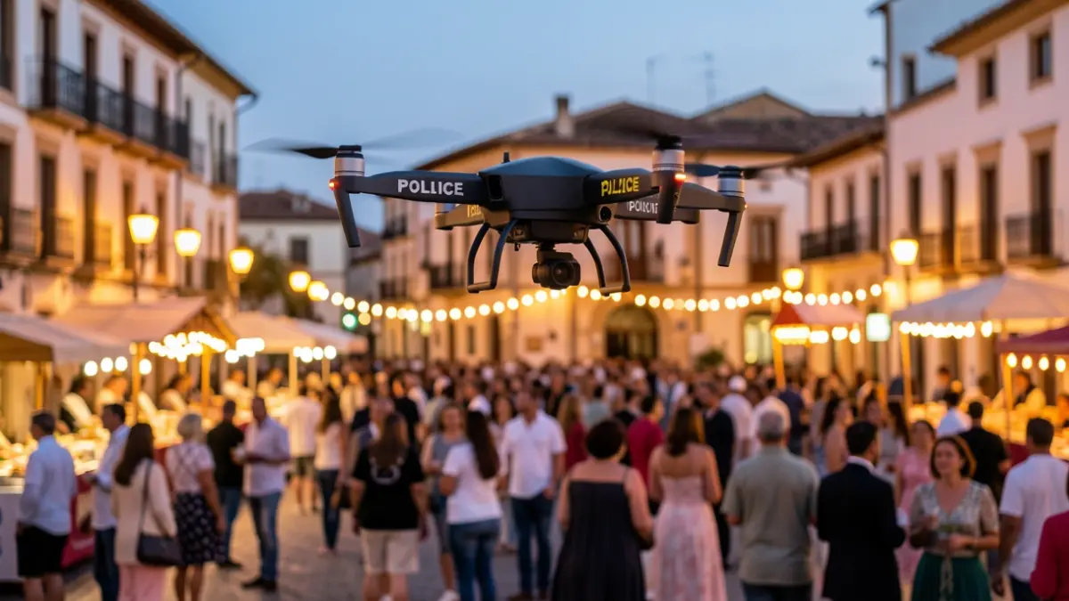 National Police drone monitoring a crowded square during the Almería Fair at dusk.