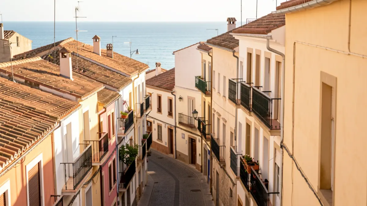 Vista del barrio de La Viña en Cádiz, con edificios residenciales y calles estrechas.