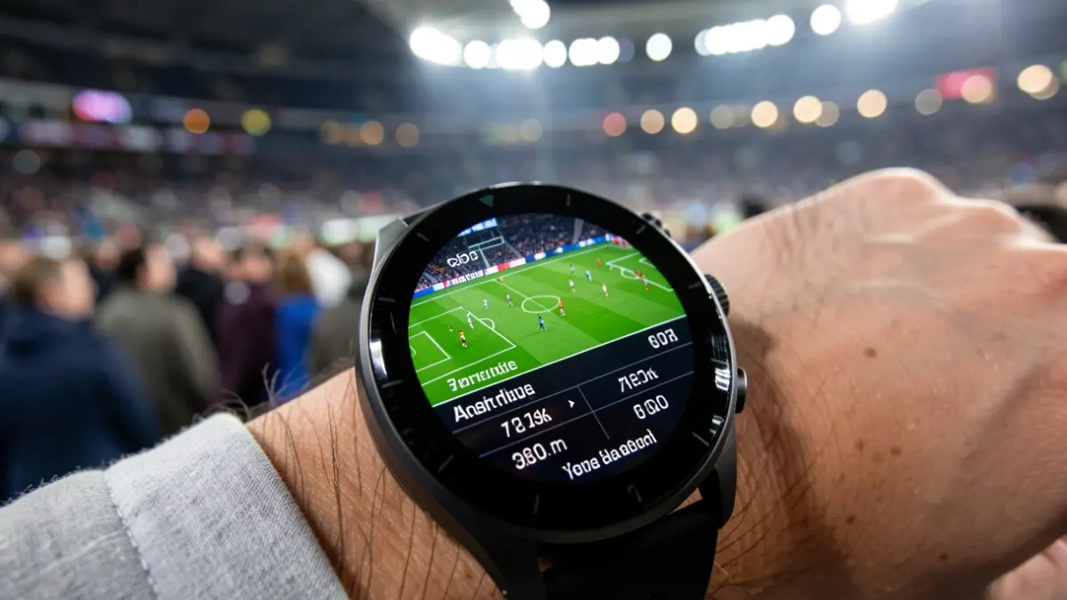 Primer plano de un smartwatch mostrando estadísticas de un partido de fútbol en vivo.