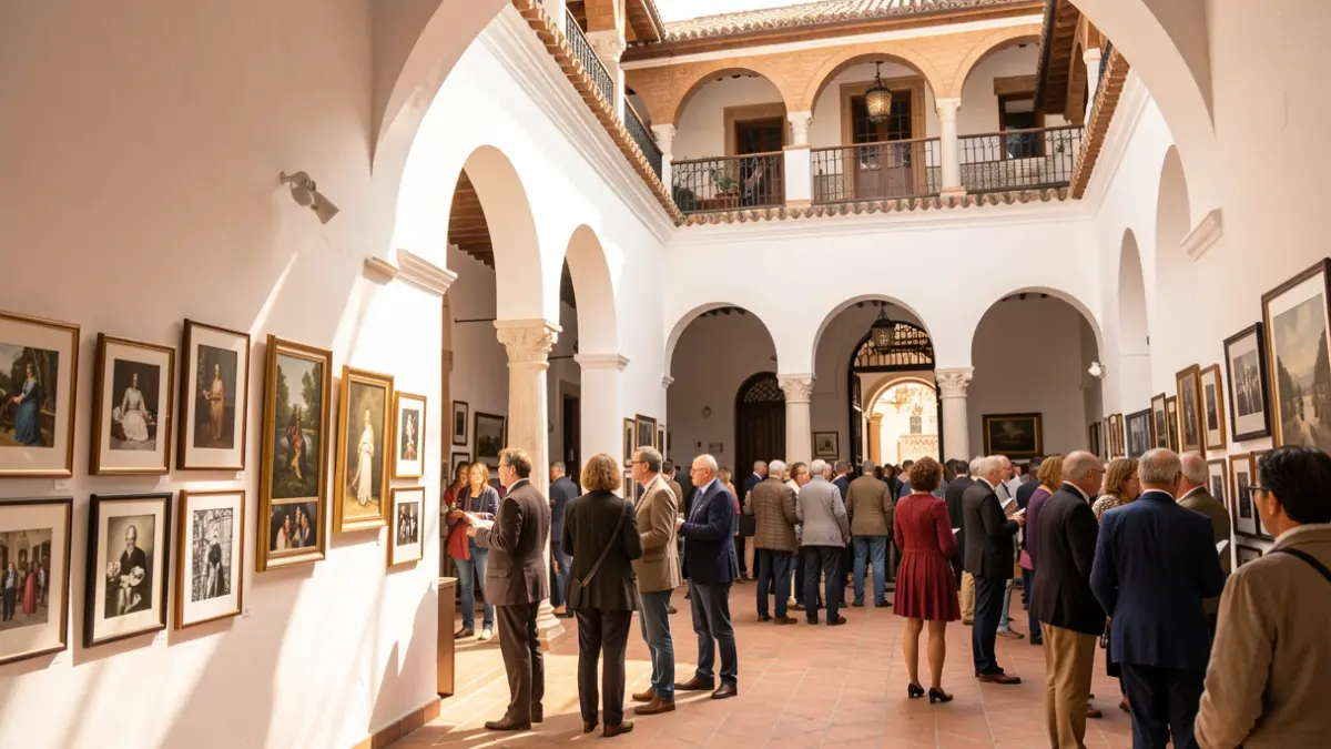 Image of the Diputación de Almería's Patio de Luces with artworks on display.