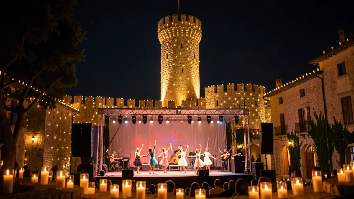 La Torre de la Sal iluminada por miles de velas durante un espectáculo de música y danza.