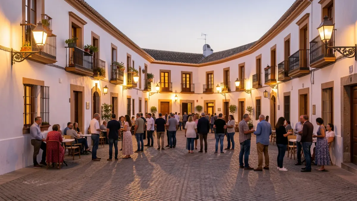 Plaza de un pueblo andaluz al atardecer con edificios blancos y farolas.