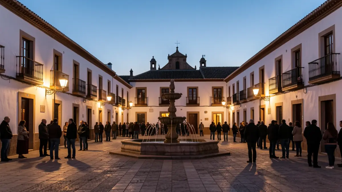 Andalusian town square at dusk with white-washed buildings and the Sanctuary in the background.