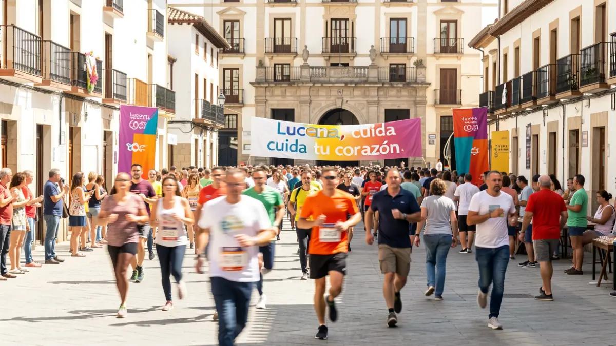 Imagen genérica de una carrera popular en una plaza de Andalucía con pancartas.