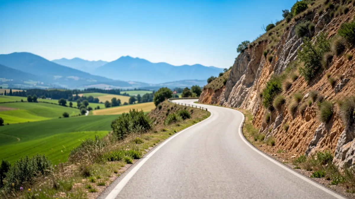 Carretera de montaña con fuerte desnivel en Andalucía.