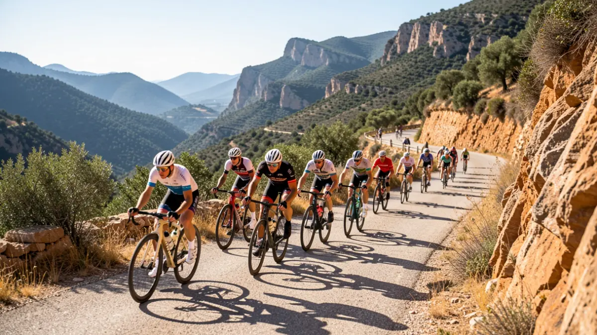 Cyclists competing in a mountain stage of the Challenge de la Subbética.