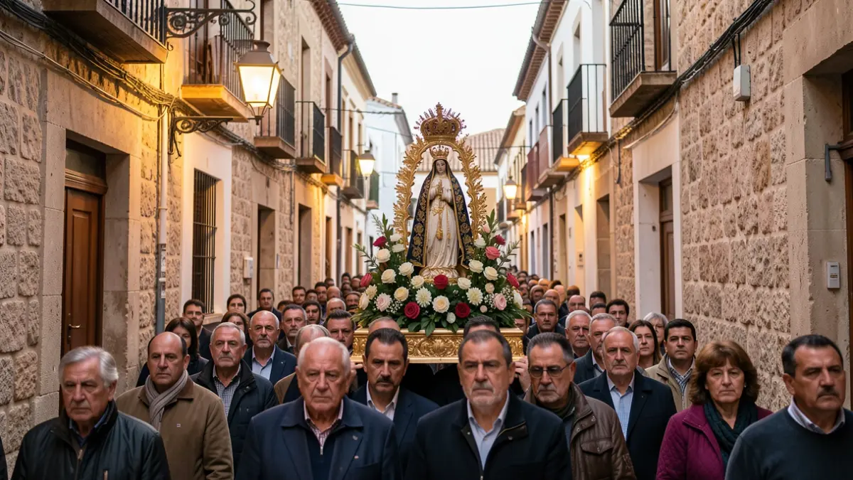 Procession of the Virgen de Acá in a historic street in Cordoba.