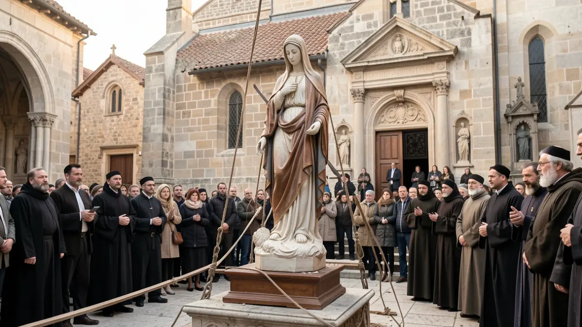 Image of the Virgin of Sorrows being moved to the Church of the Sagrario due to dome damage.