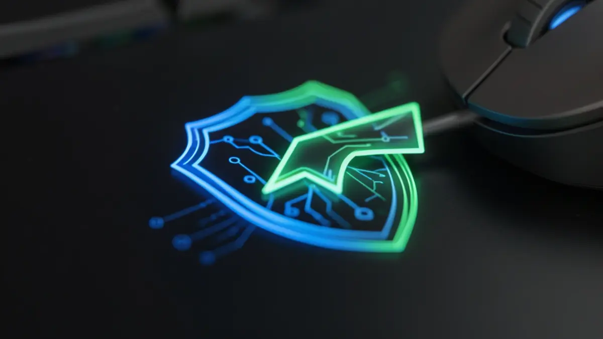 Icono de escudo digital con un cursor de ratón encima, representando la seguridad informática.