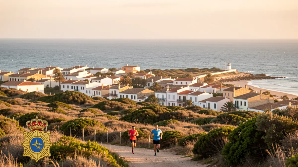 View of Sancti Petri with runners and the Guardia Civil emblem.