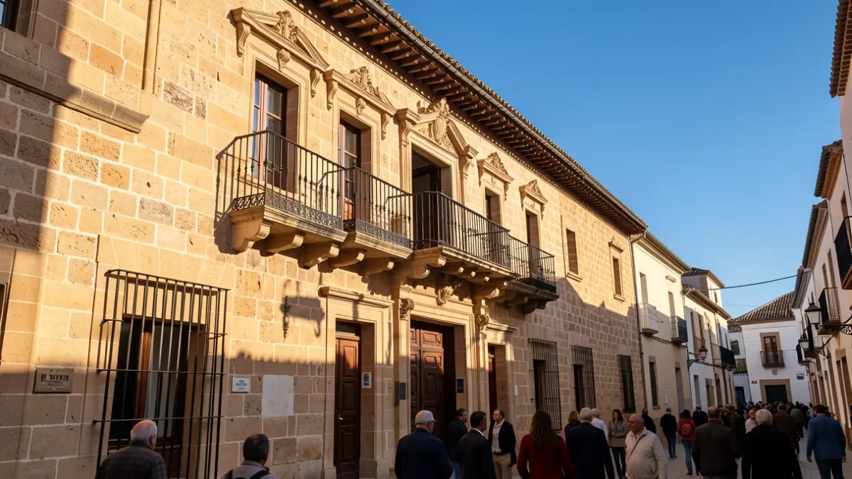 Facade of an Andalusian stone town hall with balcony and iron railings, warm afternoon light.