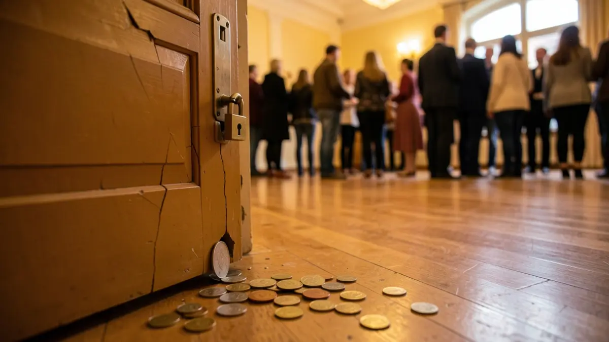 Imagen de la puerta forzada de una academia de danza con monedas esparcidas por el suelo.