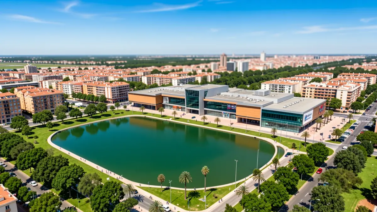 Vista aérea del centro comercial Lagoh en Sevilla, España, con su lago artificial y zonas verdes.