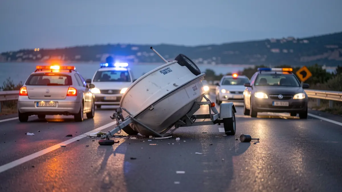 An overturned watercraft on the A7 highway near Malaga, causing traffic jams.
