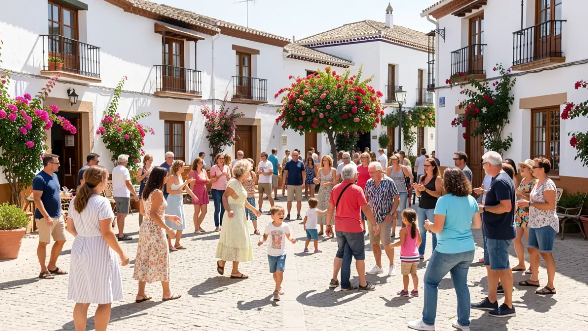 Imagen genérica de personas participando en juegos solidarios al aire libre en un pueblo andaluz.