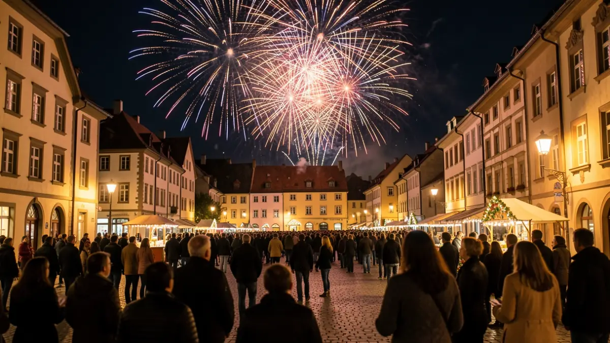 Generic image of fireworks over a town square.