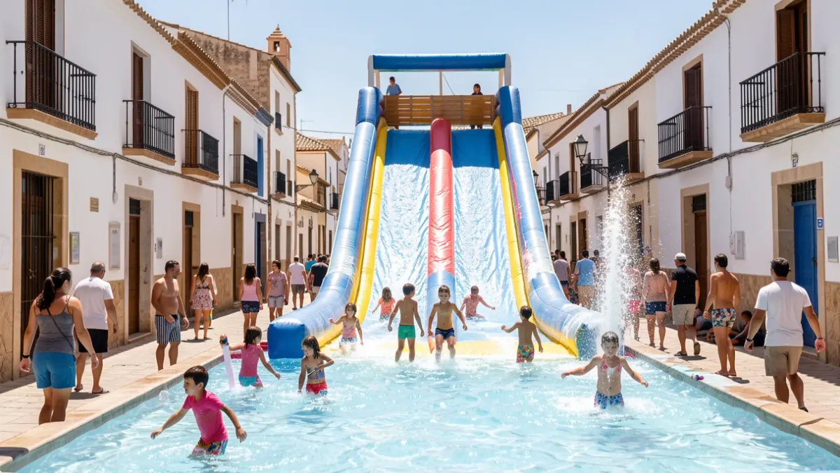 Imagen genérica de una fiesta del agua en un pueblo andaluz con tobogán acuático e hinchables.