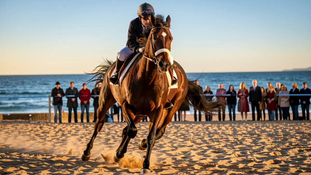 Horses racing on the beach of Sanlúcar de Barrameda during the races.