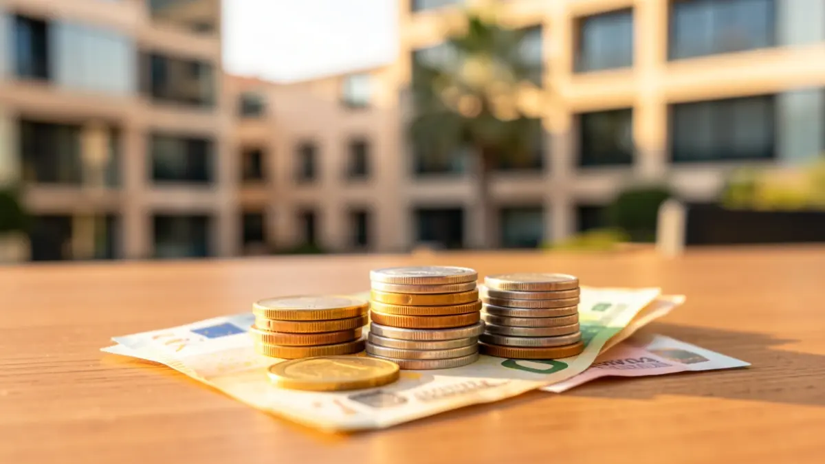 Imagen genérica de monedas y billetes de euros sobre un escritorio con un edificio de oficinas al fondo.