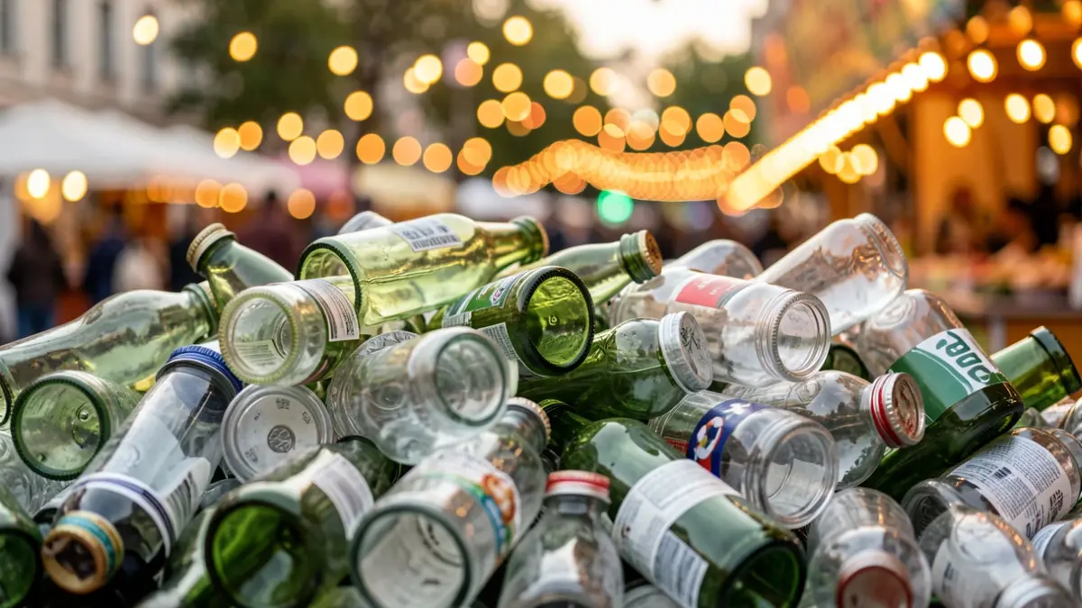Image of glass containers piled up for recycling in a festive setting.