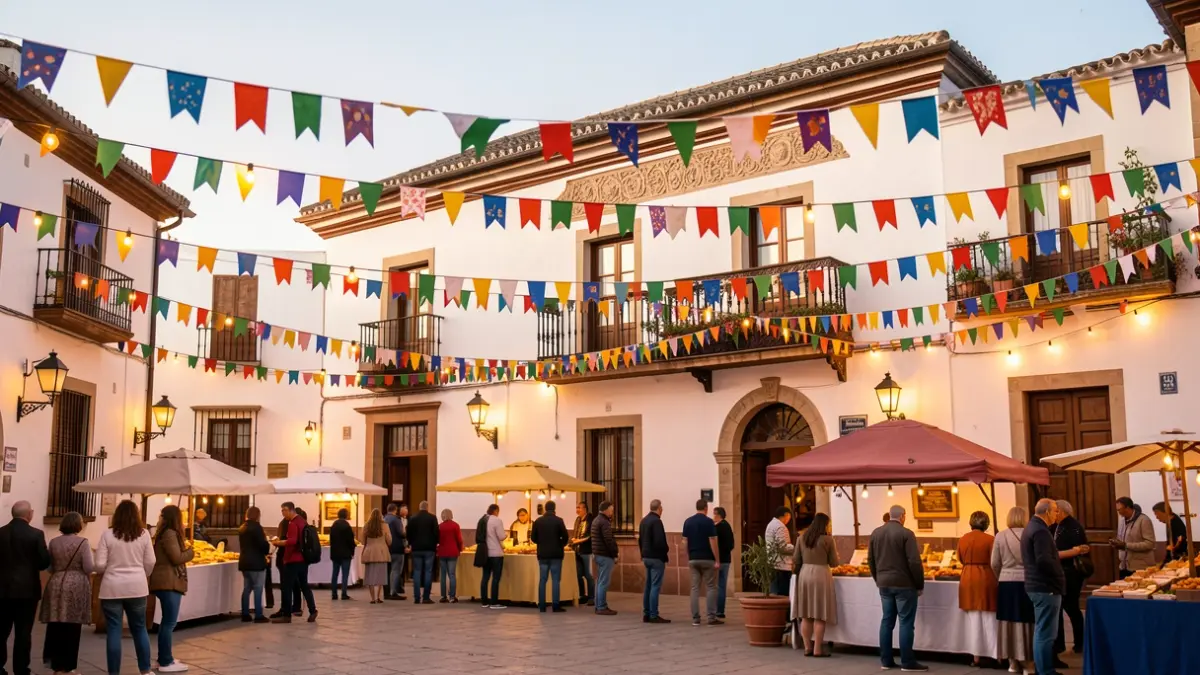 Andalusian town square decorated for a local festival with lights and banners.