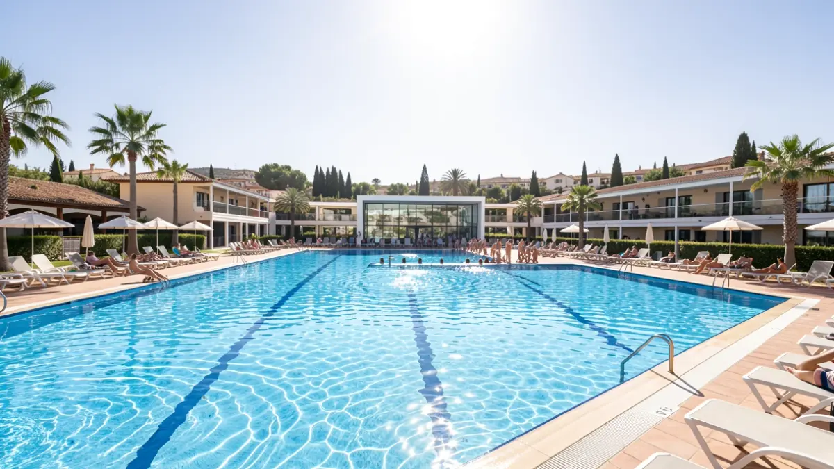 Generic image of a municipal swimming pool complex in Andalusia on a sunny day.