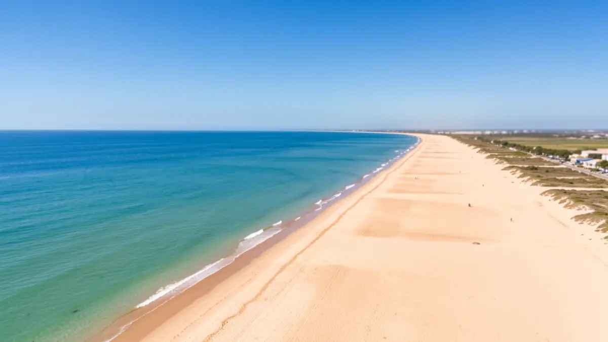 Aerial view of La Barrosa beach in Chiclana, Cadiz, showing sand and sea.