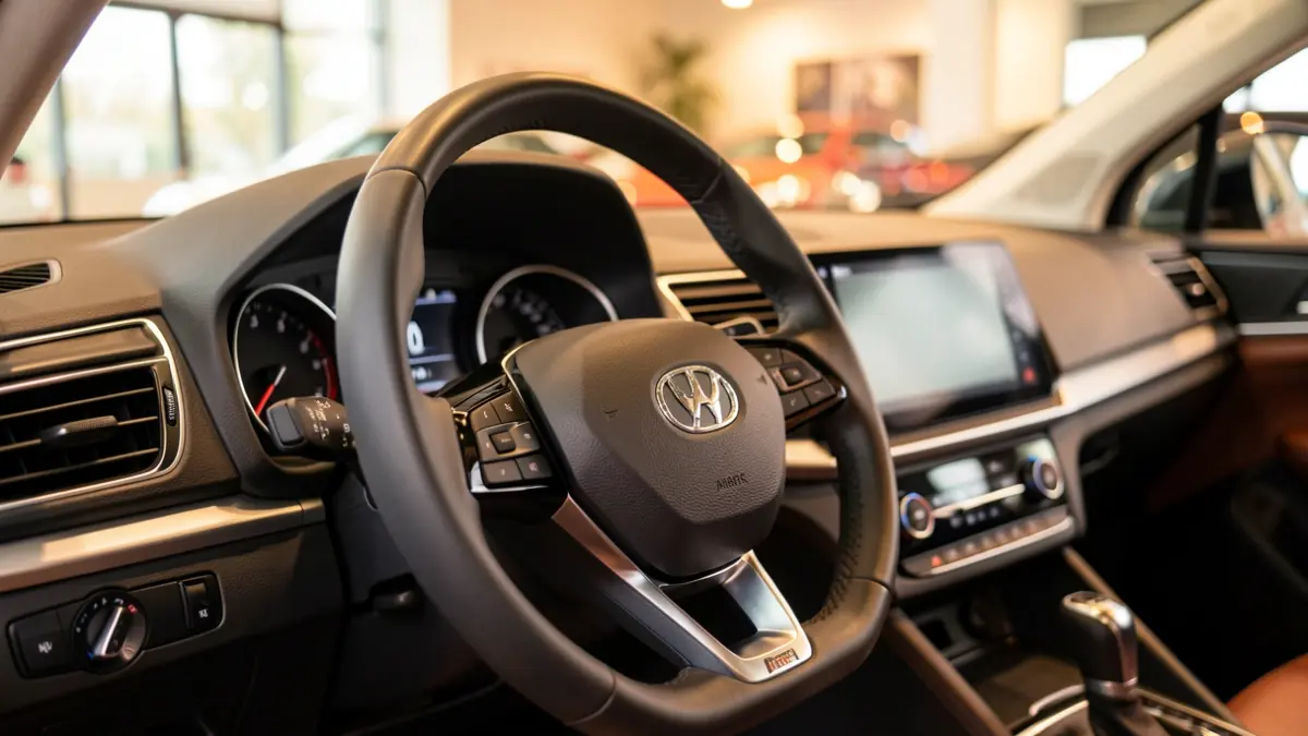 Primer plano del interior de un coche nuevo en un concesionario.