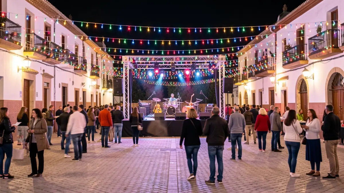 Generic image of an Andalusian town square illuminated by festive lights during a celebration night.