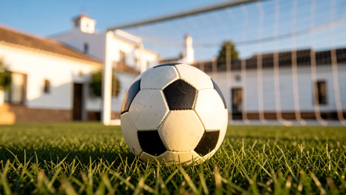 Generic image of a soccer ball on grass with the goal net blurred.