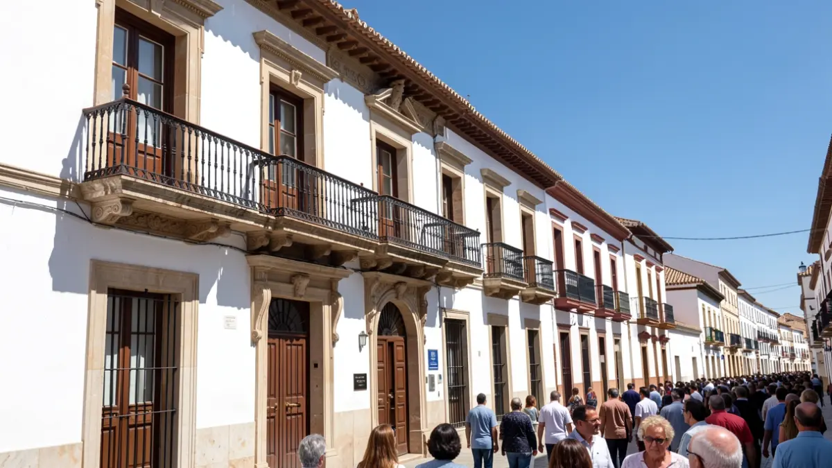 Fachada de un ayuntamiento andaluz con balcón ornamentado y paredes blancas, bajo el sol brillante del mediodía.