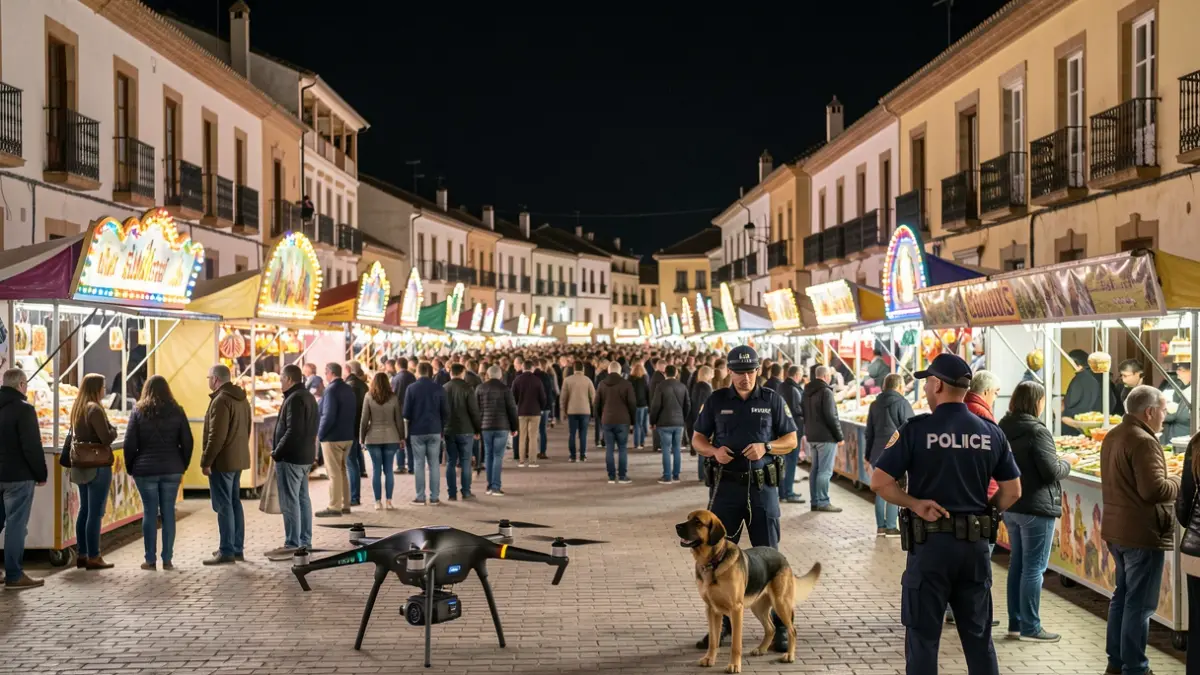 Imagen de la feria de San Agustín en Linares con presencia policial, dron y unidad canina.