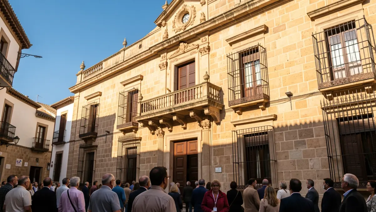 Facade of an Andalusian town hall with balcony and iron railings, afternoon sunlight casting shadows, blue sky.