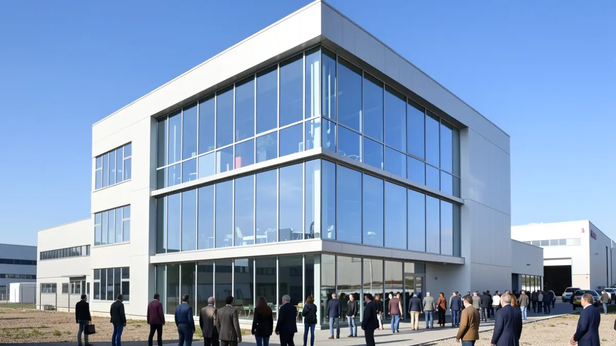 Facade of a modern office building in an Andalusian industrial park.