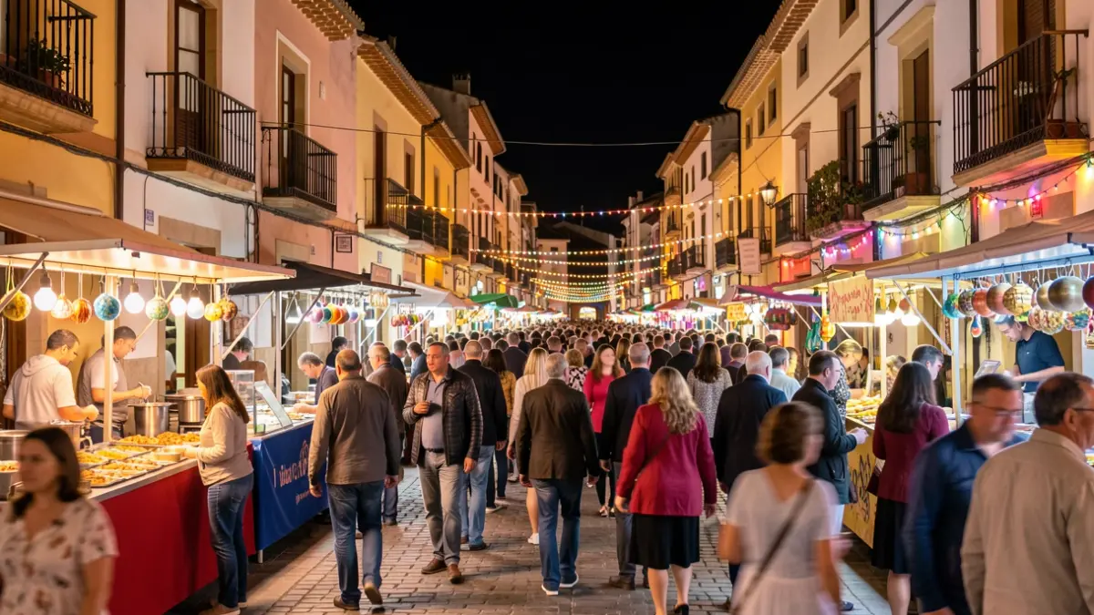 Generic image of a night fair in a Spanish town with lights and a festive atmosphere.