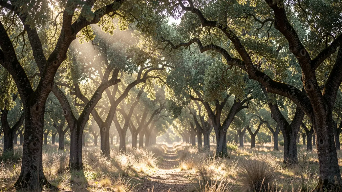 Dense cork oak and gall oak forest in Los Alcornocales Natural Park, Andalusia, with sunlight filtering through the branches.