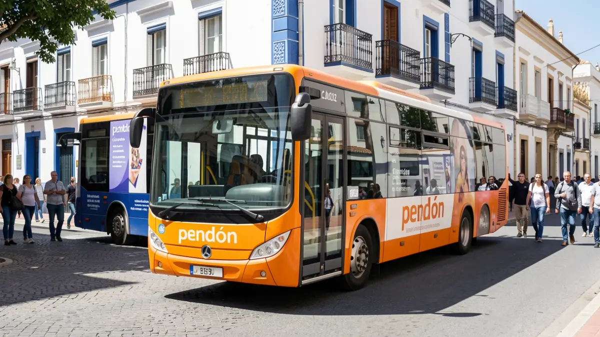 Nuevo autobús urbano de Cádiz pintado de color pendón circulando por una calle de la ciudad.